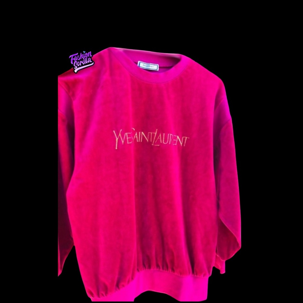 Yves Saint Laurent Fuchsia Pink Gold Embroidered Logo Velvet Velour Sweatshirt - Picture 6 of 6